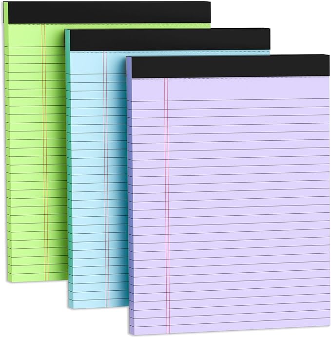Legal Pads 8.5 x 11, Colored Note Pads 8.5 x 11, Wide Ruled Paper, 3 Pack Notepads 8.5 x 11, to Do List Notepad, Perforated Lined Paper, 30 Sheets/Pad, Multicolor Writing Pad for School, Home, Office