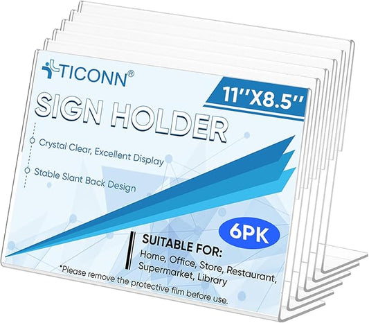 TICONN 11 x 8.5 Acrylic Sign Holder, L Shape Clear Sign Stand for Displaying, Plastic Paper Holder for Office, Store, Restaurant (Horizontal 6 Pack)