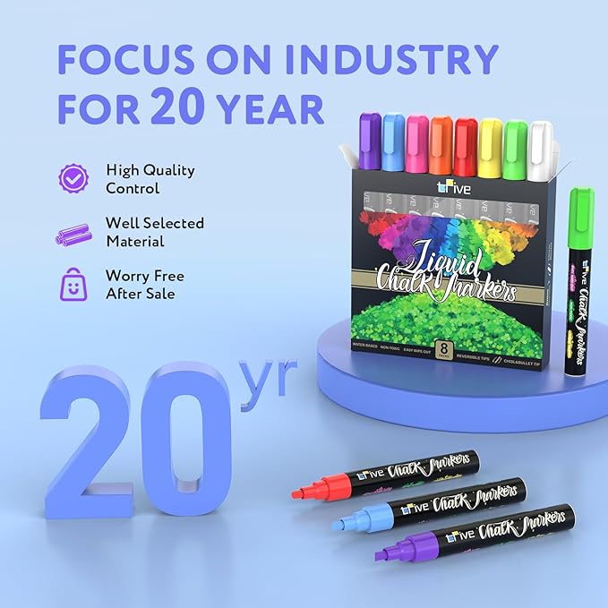 TFIVE Chalk Markers - 8 Color Chalk Pens and 24 Labels - Dry & Wet Erase, Reversible Tip, for Chalkboards, Signs, Windows, Blackboard, Glass, Mirrors, Liquid Chalk