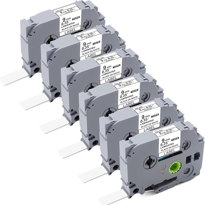 Tze-221 TZe221 Compatible for Brother P Touch TZ Tape 9mm 0.35 Laminated White Tape TZ-221 Label Tape for Brother Ptouch Label Maker PT-D200 PT-D400 PT-D600 PT-H110, Black on White, 6-Pack