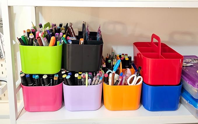 2 Pack Small 6 Compartment Multiuse Caddy Organizer with Handle Art Craft Supplies, Office, Desk, Stationery Pen Holder Stackable- Made In USA (Mint/Ivory)
