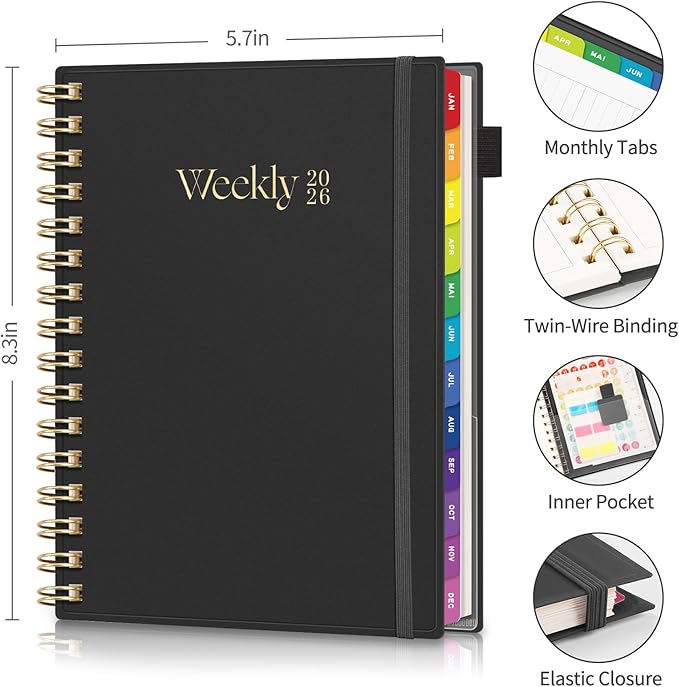 EMSHOI 2026 Planner - Weekly and Monthly Calendar (Jan-Dec), A5 (5.7"x8.3") Hardcover, 100GSM Thick Paper, PVC Cover, Inner Pocket, Colorful Tabs, Note Pages for Work School Home, Black