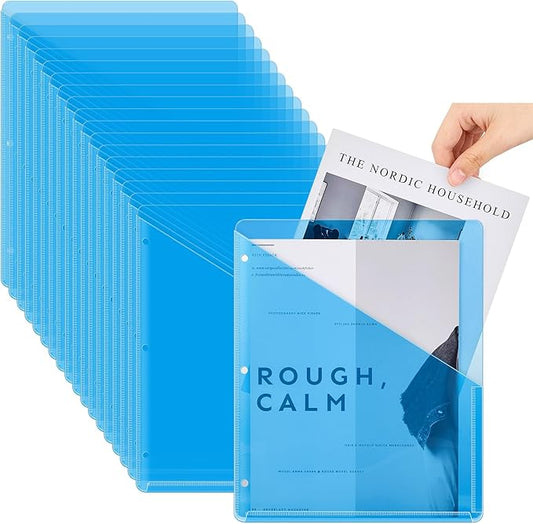 Seajan 48 Pcs Pocket Folders for 3 Ring Binder Clear Plastic Folders Sleeves with 2 Pockets 3 Hole Punch Binder Dividers Poly Slash File Jackets for Office School Document Organizer (Blue)