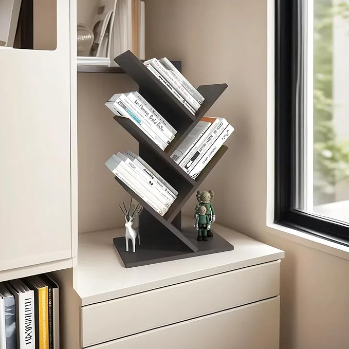 Godferyxin Book Tree Bookshelf, 5-Tier Wood Bookshelf Tree Bookcase for Displaying Books, CDs, Magazines and More at Office, Home or School