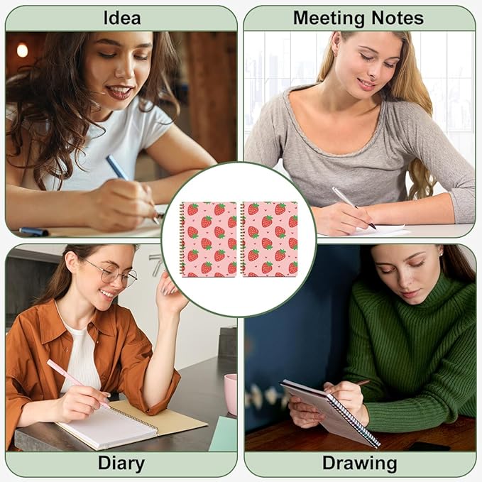 CFGBFDGH 2Pcs Strawberry Spiral Notebooks for Work, A5 Hardcover Notebook Journal, Pink College Ruled Notebook Travel Journal for Writing Office Note Taking 8.3x5.8inch, Strawberry Gifts for Women