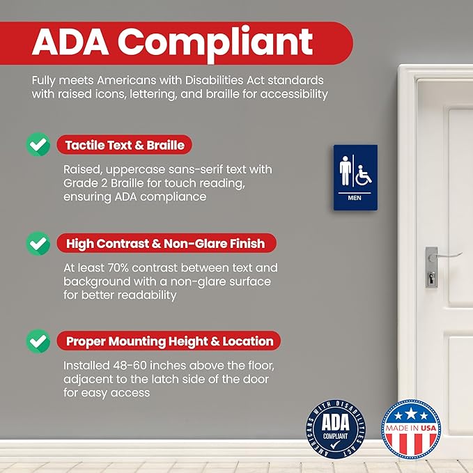 Promot Men and Women Handicap Restroom Sign – ADA Braille Bathroom Sign for Business, Self-Adhesive, 9" x 6", Commercial Door Signage, Office Wall Decor - Blue