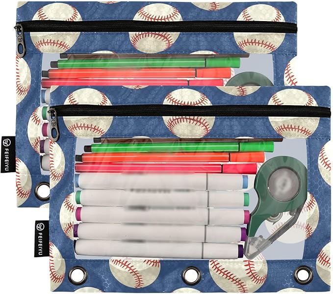 Baseballs Ball on Blue Pencil Pouch for 3 Ring Binder, 2 Pack Waterproof Pencil Bags Clear Window Zipper School Office Supplies
