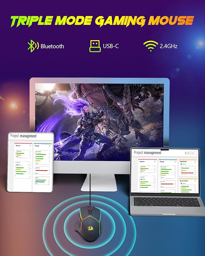 Redragon Wireless Gaming Mouse, Tri-Mode 2.4G/USB-C/Bluetooth Ergonomic Mouse Gaming, 8000 DPI, RGB Backlit Programmable Wireless Mouse, Rechargeable, 250 Hrs for Laptop PC Mac, M814