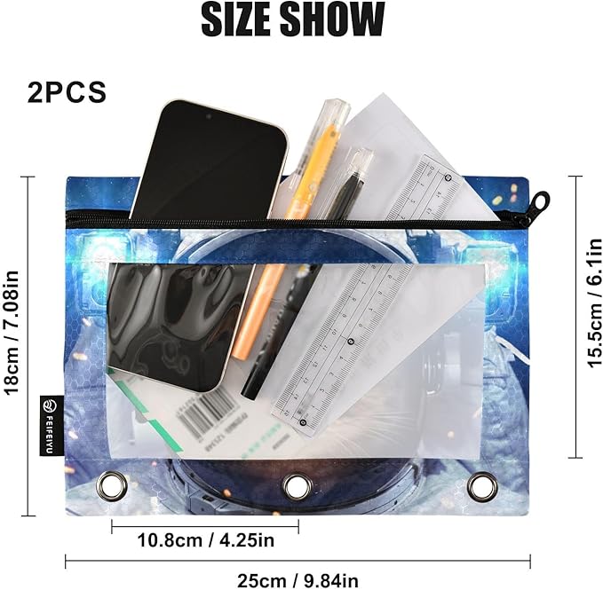 Astronaut Cat Space Pencil Pouch for 3 Ring Binder, 2 Pack Waterproof Pencil Bags Clear Window Zipper School Office Supplies