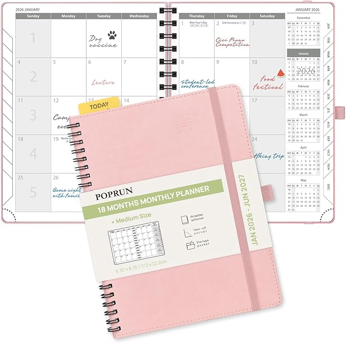 POPRUN Monthly Planner 2026-2027 (Medium 6.5" x 8.5") 18 Months Calendar (Jan 2026 - Jun 2027) - 4 Pages per Month with Expense & Notes, Stair-like tabs, Leather Cover, Sunday Starts - Pink
