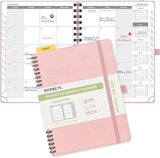 POPRUN Monthly Planner 2026-2027 (Medium 6.5" x 8.5") 18 Months Calendar (Jan 2026 - Jun 2027) - 4 Pages per Month with Expense & Notes, Stair-like tabs, Leather Cover, Sunday Starts - Pink