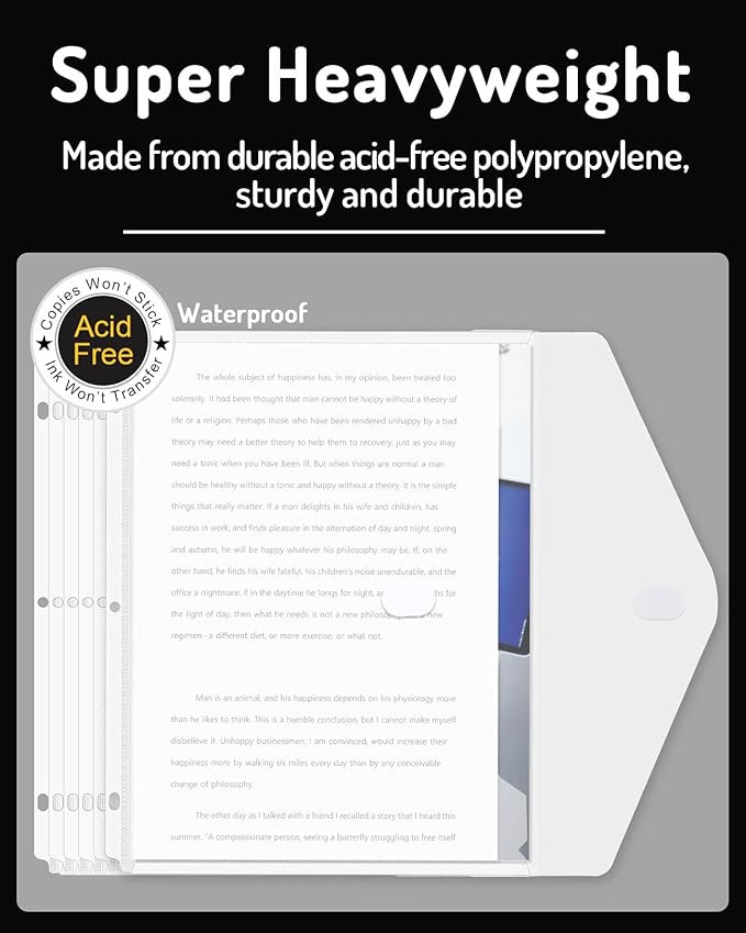 Forvencer Binder Pocket, 10 Pack Super Heavyweight Plastic Folders with Tight Closure, Folders with Pockets Side Loading, Binder Organizer, Binder Dividers with Pockets, Letter Size, Clear