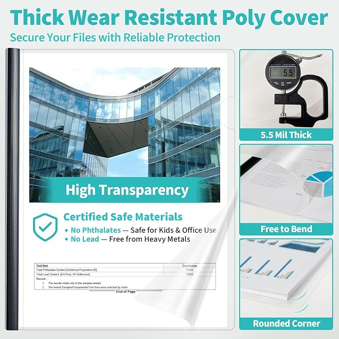 Binditek 6 Pack Clear Report Covers with Sliding Bars, 25 Sheet Capacity, 5mm Binding Bars, Letter Size, 5.5 Mil Thick, Black, for Students and Coworkers