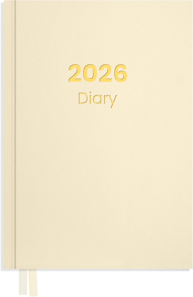 SUNEE 2026 Diary Journal Hardcover - Daily Planner Organizer for Work & School - Daily Page Layout with Holidays, Notes, Contacts - Agenda for Women & Men, Beige