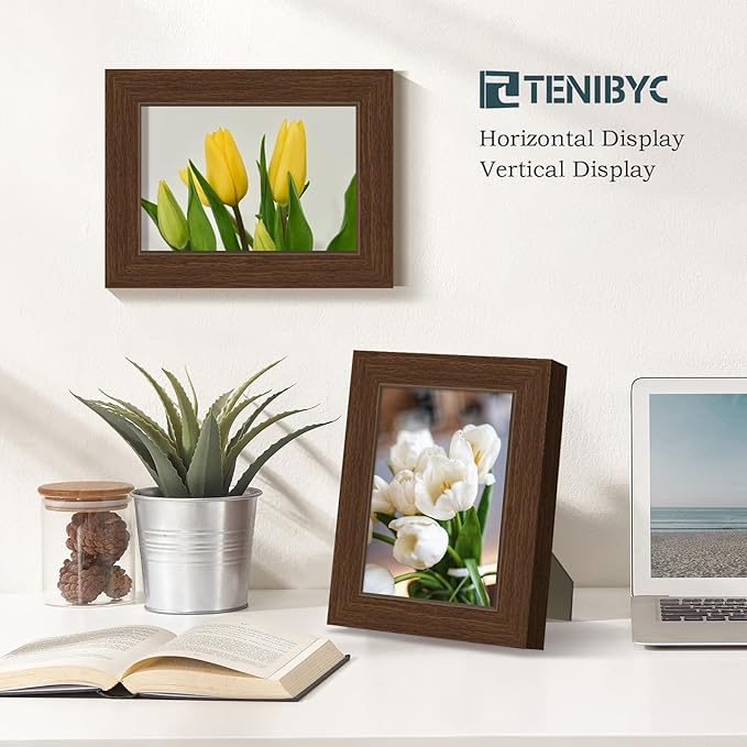 5x7 Picture Frame 4 Pack - Brown Wood, HD Tempered Glass, 5 x 7 Photo Frame for Table Top and Wall Display, Gift for Family