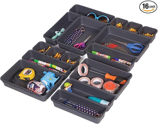 Set of 16 Interlocking Desk Drawer Organizer Tray Dividers Plastic Shallow Narrow Drawers Organizers Separators and Storage Bins Container for Kitchen Bathroom Makeup Office Vanity Bedroom Dresser