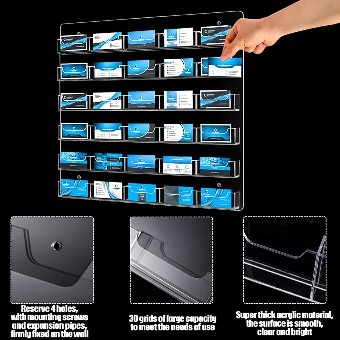 Hillban Acrylic Business Card Holder Wall Mount Clear Sticker Display Rack Multiple Card Holders Clear Acrylic Organizing Sticker Display Stand Pre Drilled(30 Pockets)