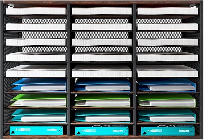 PAG Mass Mail Sorter - Adjustable Mail Holder, Countertop Literature Organizer, Student Mailbox for Classroom, Desktop Bill Paper Organizer for Office & Home, 27 Compartments, Brown