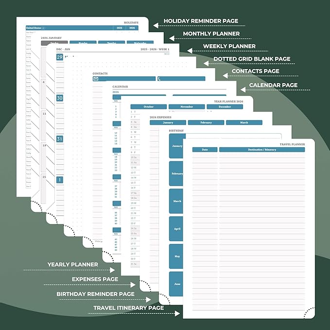 Weekly Monthly 2026 Planner (Jan.26-Dec.26),8.5"x6.5",12 Months Agenda Plan with Month Tabs & Pocket,Expenses/Note Pages, Appointment Book Calendar with Hardcover Vegan Leather Cover,Green