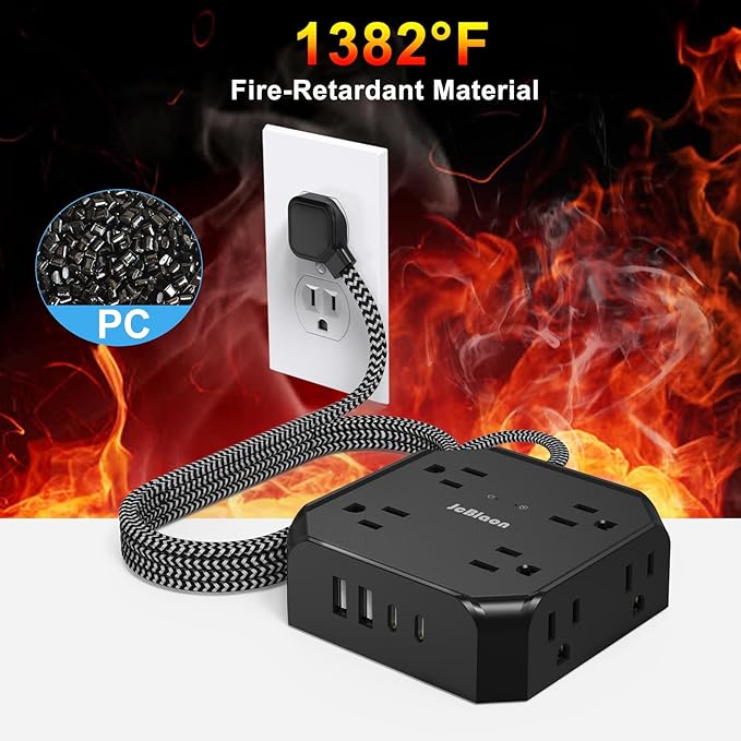 Surge Protector Power Strip-15 Ft Flat Plug Extension Cord with 8 Widely Outlets and 4 USB Ports(2 USB C) Multi Plug Outlet Extender for Office, School, Travel and Dorm Room Essentials-Black