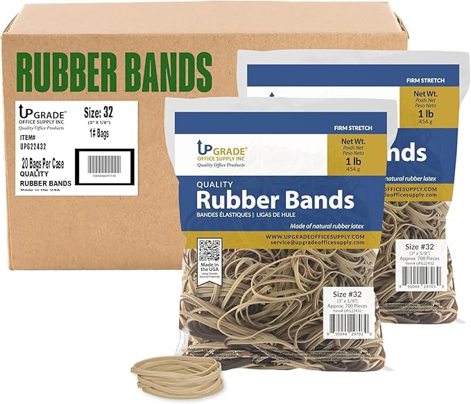Upgrade Office Supply UPG22432 Rubber Bands, Size 32 (3 x 1/8), 700 Count, 1 lb Bag, USA