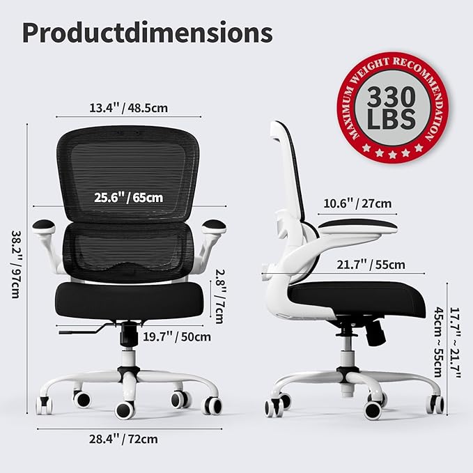 TRALT Office Chair - Ergonomic Desk Chair with Adjustable Lumbar Support, Mesh Computer Chair, Executive Chairs for Home Office Comfortable Lumbar Support (White+Black)