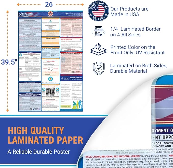 2025 South Carolina Labor Law Poster- State, Federal, OSHA Compliant- Workplace Required Posting for Employees- English Employment Poster- UV Laminated Waterproof- 26” x 39.5”- English