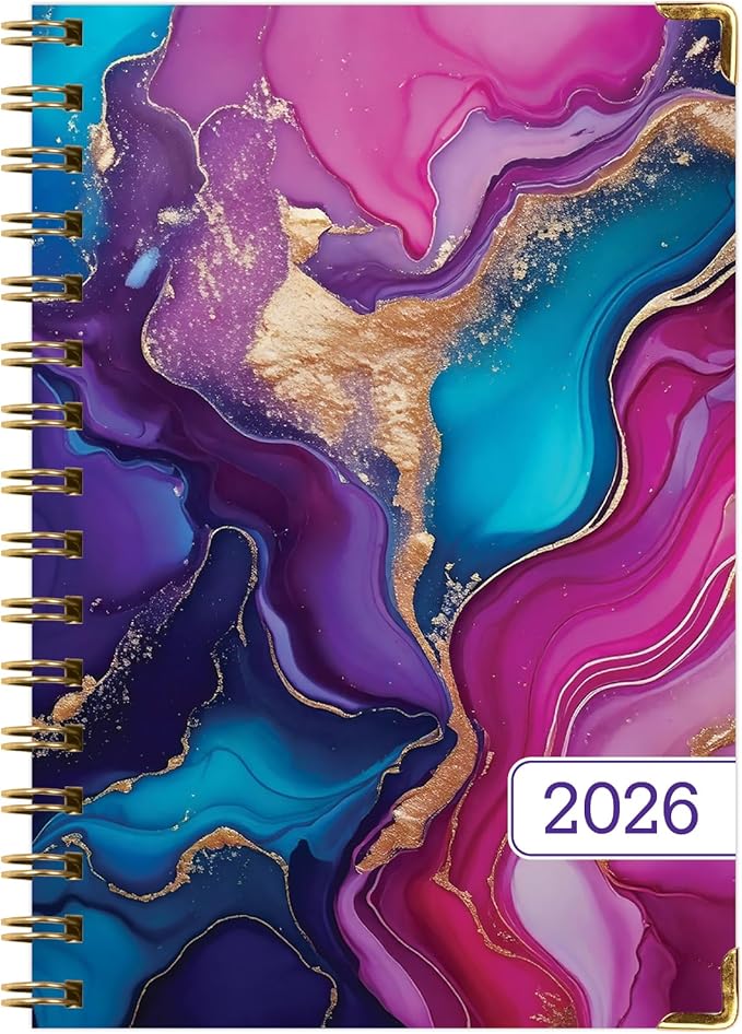 HARDCOVER 2026 Planner, 5.5"x8": 14 Months (November 2025 - December 2026), Daily Weekly Monthly Planner, Yearly Agenda, Bookmark, Pocket Folder and Sticky Note Set (Pink Purple Marble)