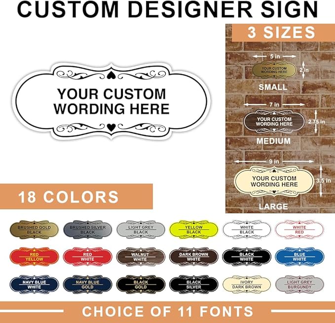 Designer Custom Personalizable Plastic Wall Sign | Your Custom Message | Easy to Install, Comes With Strong 2 Sided Foam Tape | Business & Home Signs