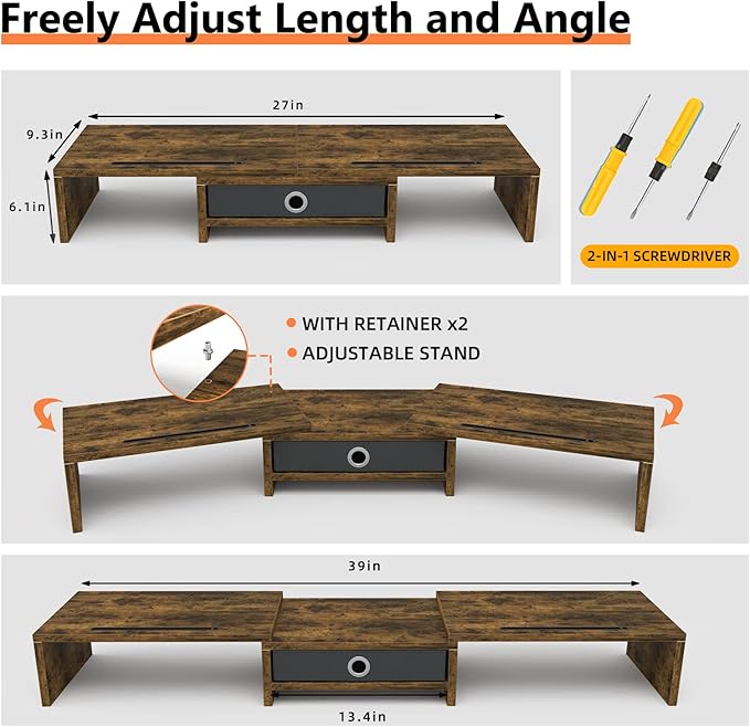 WESTREE Dual Monitor Stand Riser with Drawer, 3 Shelf Computer Monitor Riser with Adjustable Length and Angle, Desktop Monitor Stand Riser Storage Organizer for 2 Monitors