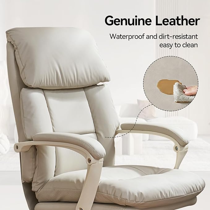 EMIAH Genuine Leather Office Chair with Foot Rest, Reclining Ergonomic Executive Office Chair with Arms, High Back Comfy Swivel Computer Desk Chairs with Wheels and Lumbar Support for Home, Beige