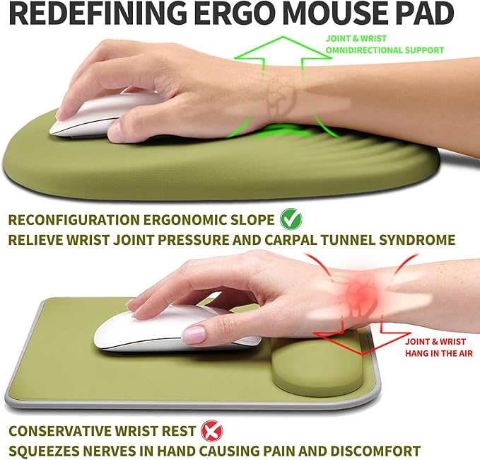 Hokafenle Ergonomic Mouse Pad Wrist Support, Terraced Slope Carpal Tunnel Wrist Pad for Mouse with Unibody Memory Foam, Wrist Rest Pain Relief Mousepad (Khaki Green, 11.8x7.9 in)
