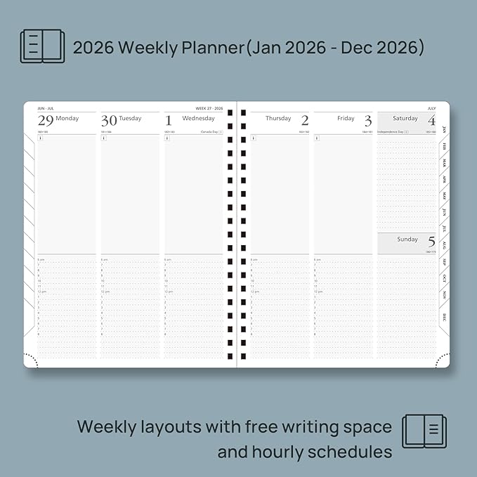 POPRUN 2026 Planner (Large Size 10'' x 8'' Wire-Bound Hard Cover) Daily Weekly and Monthly Calendar - Agenda 2026 (Jan.2026-Dec.2026) with Hourly Schedule, Monthly Tabs - Pacific Green