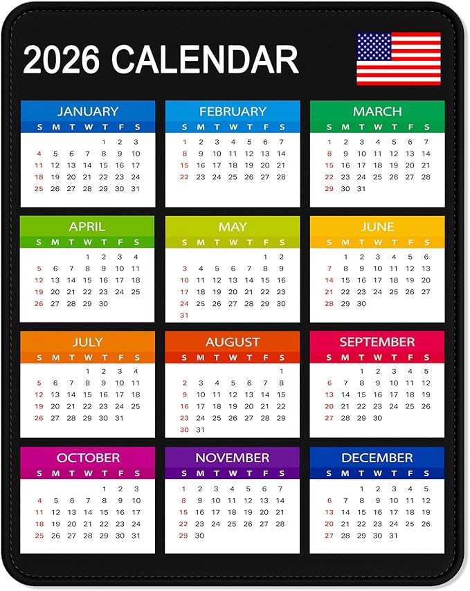 2026 Calendar Mouse Pad, Square New Year 2026 Mousepad 10.2 x 8.3 Inch, Stitched Edge Anti-Slip Waterproof Rubber Computer Mat for Office, Gaming, Laptop, New Year Office Supplies Gift, Black