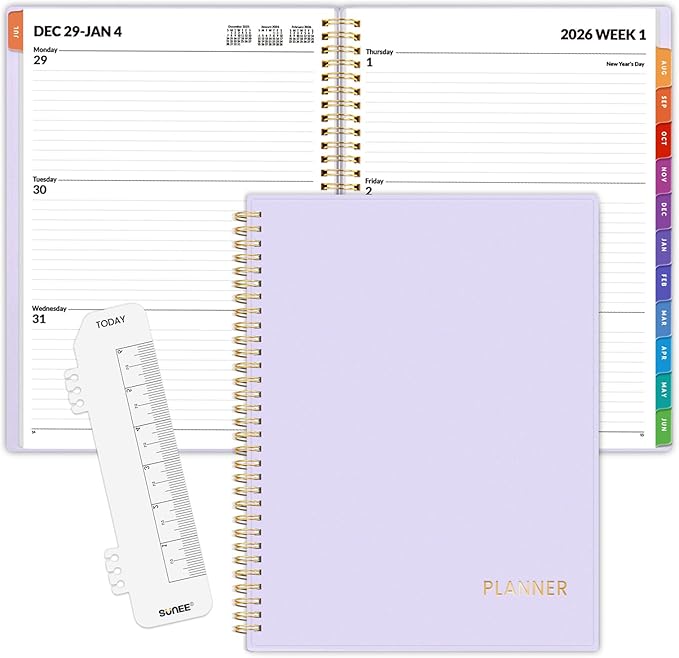 SUNEE 2026 Weekly and Monthly Planner - from January 2026 - December 2026, 8.5"x11" Daily Agenda Planner with Monthly Tab, Flexible Cover, Note Pages, Pockets, Bookmark, Spiral Binding, Purple