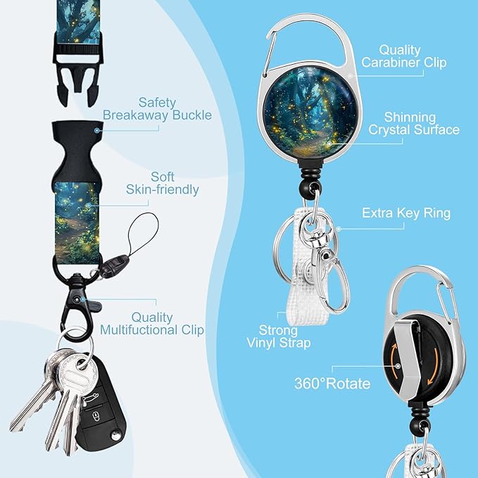 Gctriki Forest Fireflies Lanyards for ID Badges, Retractable Badge Holder with Heavy Duty Clip Keychain, Cruise Ship Cards Holder Name Tag ID Card, Teacher Nurse Women Men Security Staff Office Gift