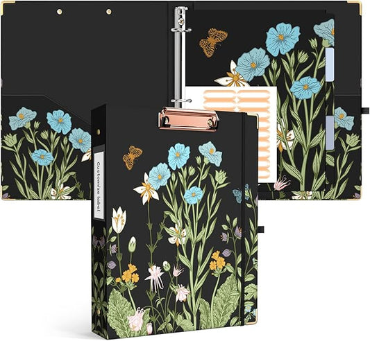 Ospelelf Binder 3 Ring 1 Inch, Floral Round Ring Clipboard Binder for Letter Size with 5 Tab Dividers, File Folder Labels, for School and Office Supplies