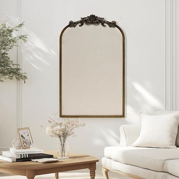 Arch Fabric Pinboard, Antique Gold Bulletin Boards 19"x31", Vintage Cork Board with Ornate Iron Frame for Wall Unique Display, Organization and Decor Options