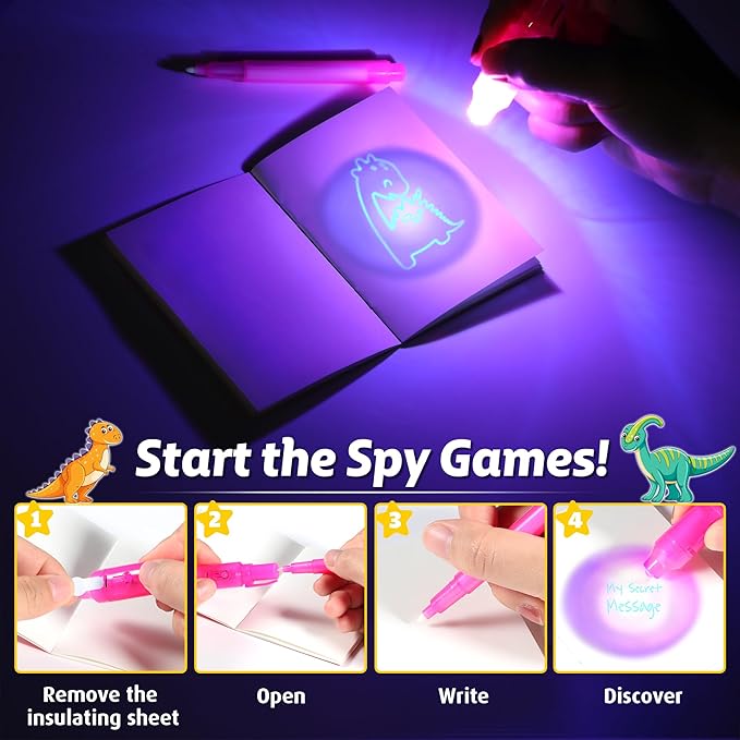 Invisible Ink Pens with UV light for Kids, Spy Pen Dinosaur Party Favors for Kids 8-12, 24Pack Invisible Ink Pen and Notebook, Magic Marker for Secret Message Birthday Party Favors for Kid 4-8