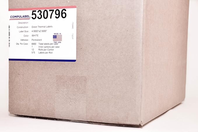 CompuLabel Direct Thermal Labels, 4-Inch x 2 1/2 Inch, White, Roll, Permanent Adhesive, Perforations Between Labels, 575 per Roll, 12 Rolls per Carton (530796)