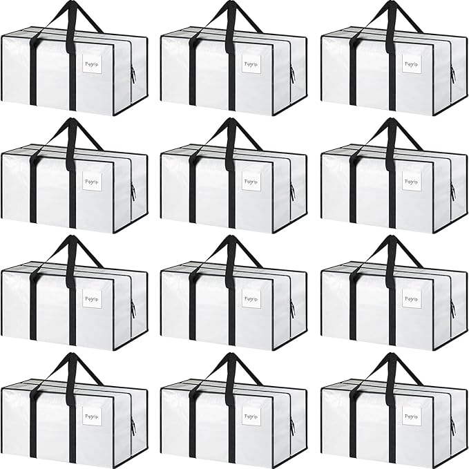 12 Pack Extra Heavy Duty Large Moving Bags with Strong Zipper & Comfortable Handles, Sturdy & Durable Clothes Storage Bags Totes Bins, Packing Moving Boxes for College Supplies, White