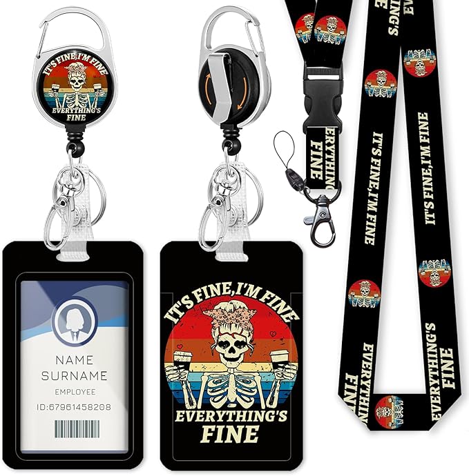 It`s Fine I`m Fine Lanyards for ID Badges, Funny Badge Reels Retractable Heavy Duty with 360° Swivel Carabiner Clip, Cute ID Clip ID Holder with Breakaway Lanyard