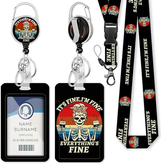 It`s Fine I`m Fine Lanyards for ID Badges, Funny Badge Reels Retractable Heavy Duty with 360° Swivel Carabiner Clip, Cute ID Clip ID Holder with Breakaway Lanyard