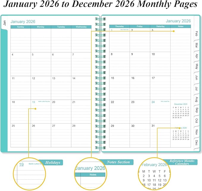 2026 Planner - A5 Weekly & Monthly Planner Spiral Bound, January 2026 - December 2026, with Flexible Cover, Tabs, Inner Pocket, 6.4" x 8.5", Teal