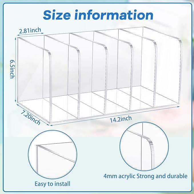 Suzile Clear Acrylic Magazine File Holder with Vertical Compartments Desk Organizer Book Rack for Desk Sorter Paper Folder Office Accessories(Clear,14.2 x 7.2 x 6.5 Inch)