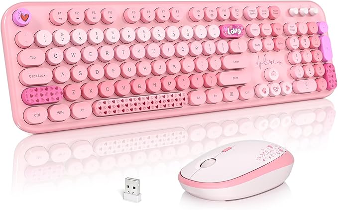 Wireless Keyboard and Mouse, Typewriter Full Size Keyboard with Number Pad and 2 in 1 USB Connected Mouse for Windows 7/8/10, Laptop, Desktop, PC, Computer (Pink Colorful)