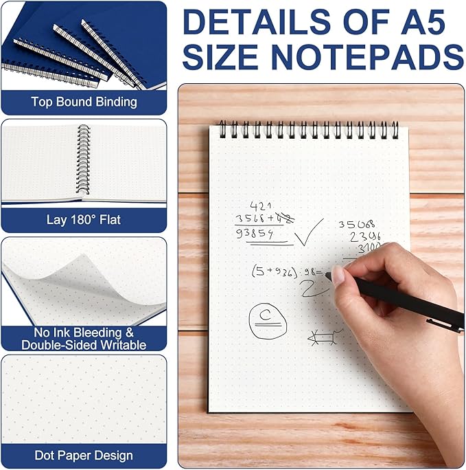 2 Pcs Dot Grid Notebook Top Spiral Notebook A5 Size Bullet Dotted Paper Hardcover Dot Journal 8.3''x 5.8'' 140 Pages Spiral Notepads for Sketching Drawing Writing School Office (Dark Blue)
