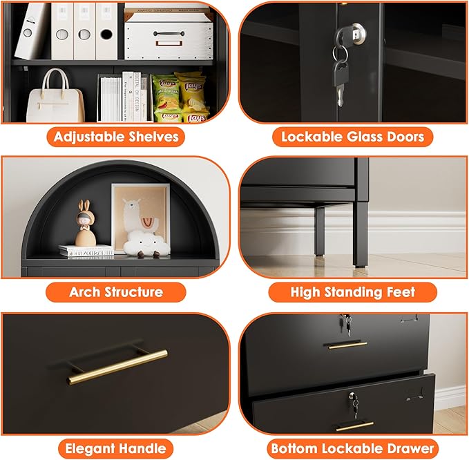 Tall Metal Arch Cabinet, Filing Cabinet for Home Office, Black Arched Bookcase with Locking Glass Doors and Drawers(Assemble Required)