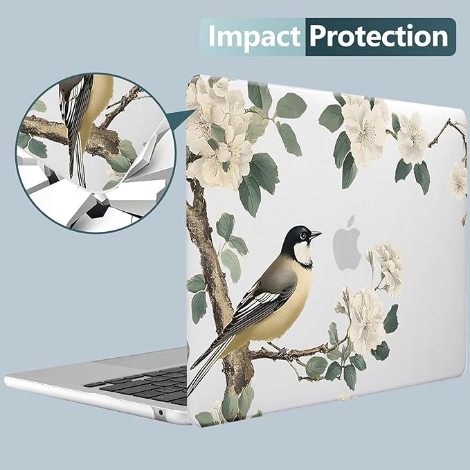 KEROM Bird Flower Case for MacBook Air 13 inch 2025 M4, 2024-2022 M3 M2 A3240 A3113 A2681, Cute Sleek Elegant Aesthetic Plastic Hard Shell & Keyboard Cover for MacBook Air 13.6 inch Case