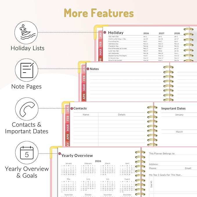 Forvencer 2026 Planner, Hardcover Calendar Planner Weekly and Monthly, January 2026 - December 2026, 8.5" x 11", Spiral Agenda Book with Tabs, Exquisite Daily Journal with Inner Pocket, Organizer Notebook for Office Home School, A4 Size, Pink
